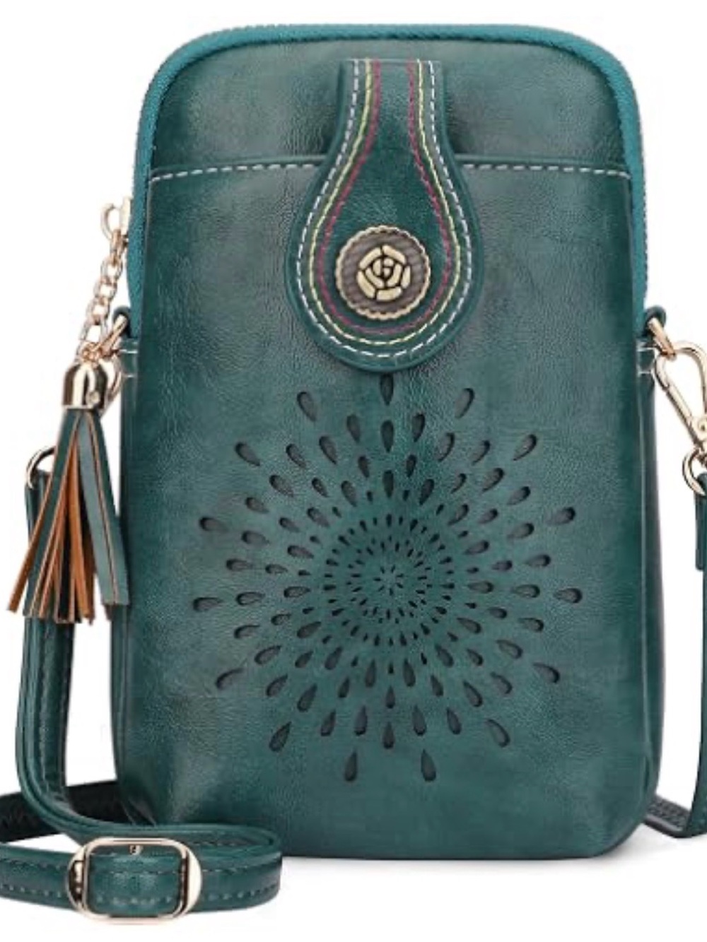 Aphison Teal Cutout Tassel Crossbody Cell Phone Bag with Removable Strap